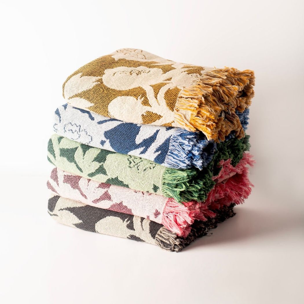 Neutral Floral Jacquard Woven Throw Blanket, Reversible Cotton Throw, Made in USA | Addy Tuffet