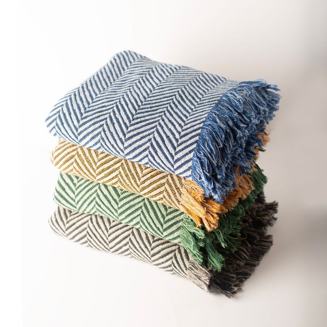 Neutral Herringbone Jacquard Woven Throw Blanket, Reversible Cotton Throw, Made in USA | Henry Stone