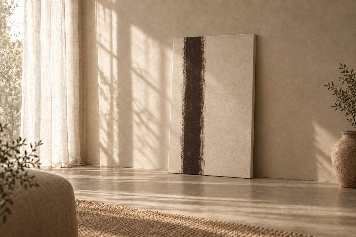 Alder Canvas — One long vertical stroke of espresso over warm plaster, off-centre by a third