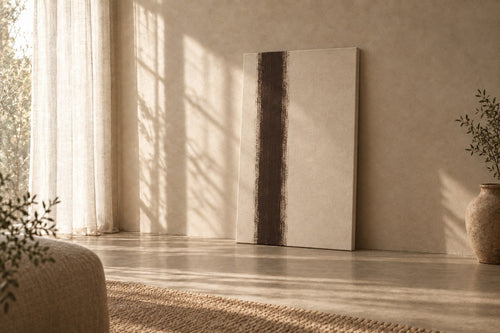 Alder Canvas — One long vertical stroke of espresso over warm plaster, off-centre by a third