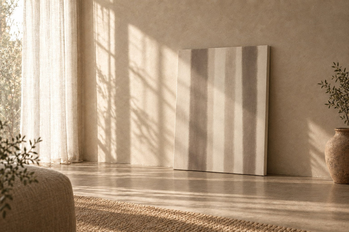 Cascade Canvas — Soft grey verticals falling at uneven intervals, like light through a blind