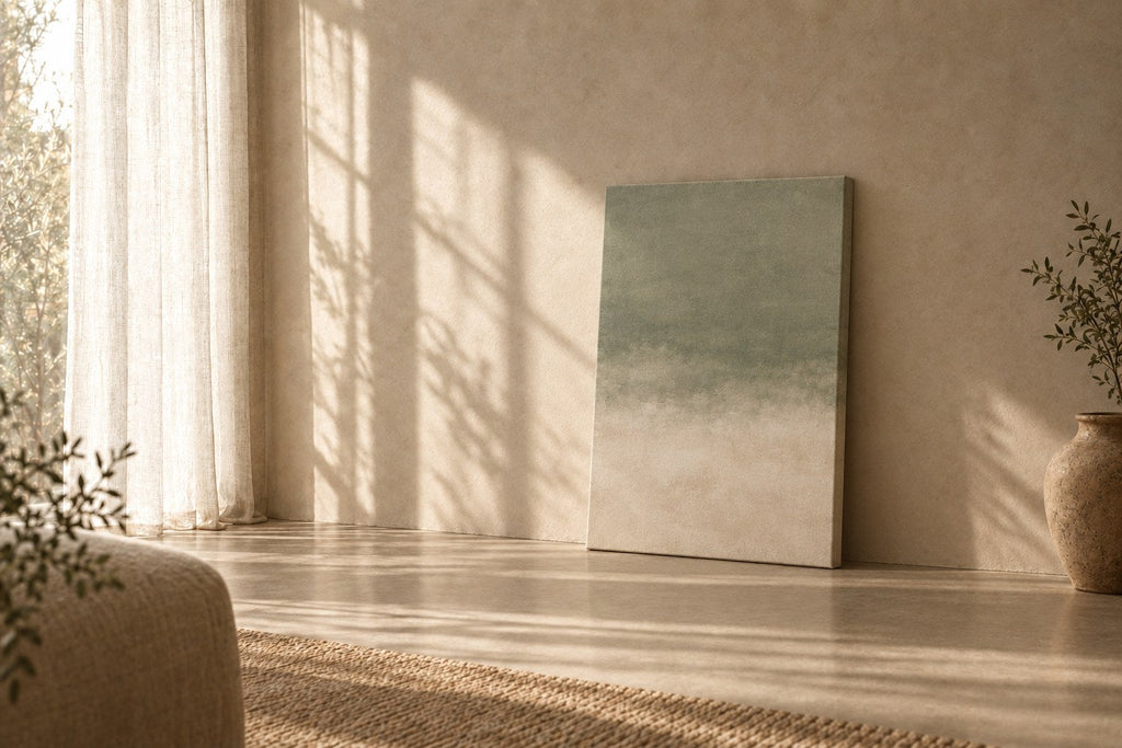 Loam Canvas — Two blurred bands of sage and plaster, the way a field looks through rain
