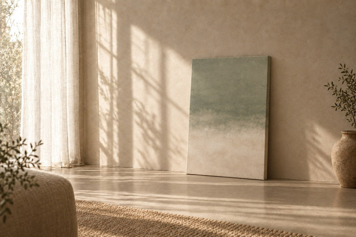 Loam Canvas — Two blurred bands of sage and plaster, the way a field looks through rain