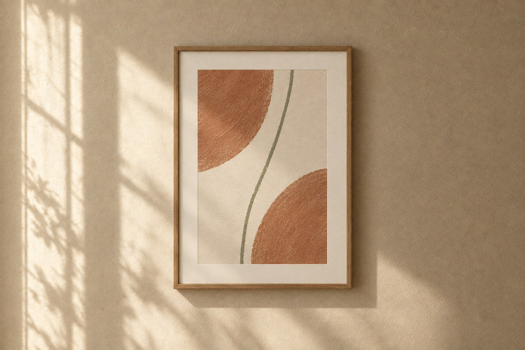 Madrona Framed Print — Two clay arcs meet a single sage line, brushed by hand and scanned at 1200dpi