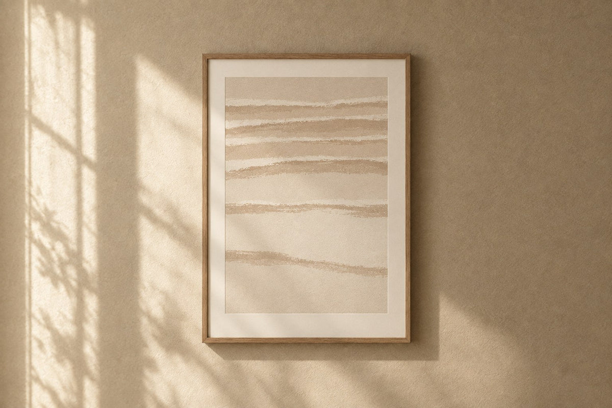 Salish Framed Print — Tide lines drawn in three tones of bone, spaced the way water leaves sand