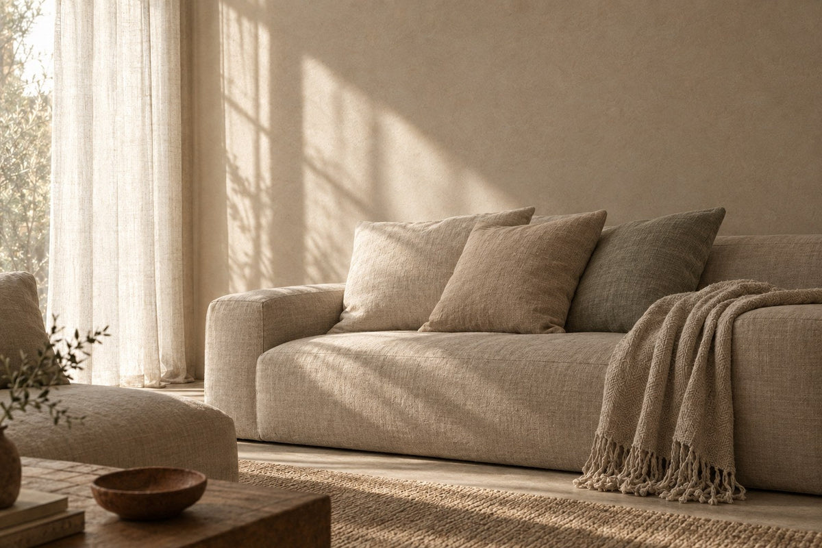 Alder Sherpa Throw shown in a warm neutral Clay & Stone room