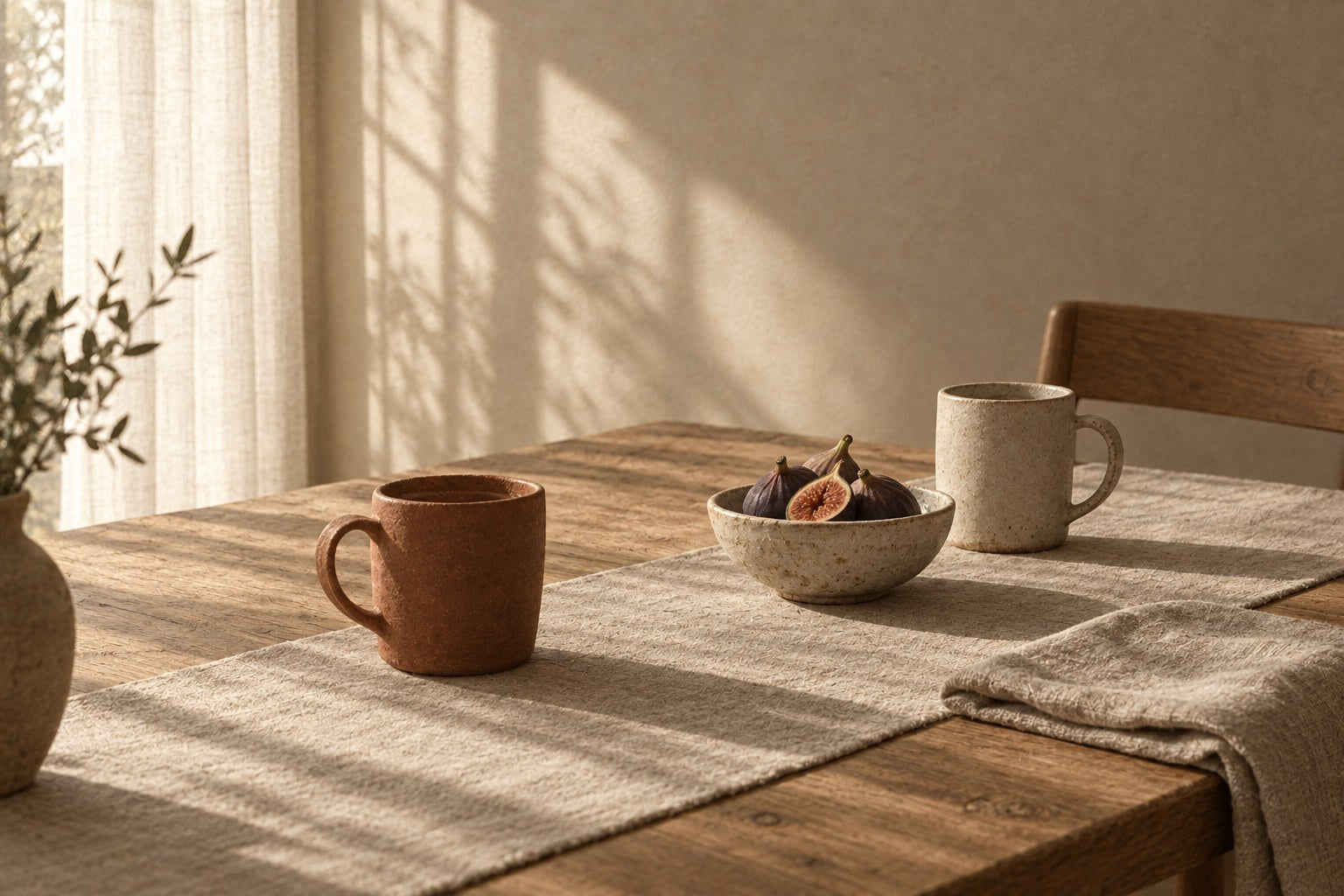 A simple table set with Clay & Stone linen runner, napkins and stoneware mugs