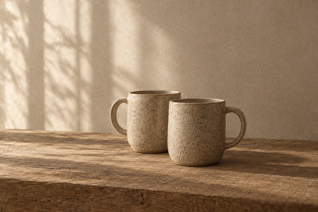 Salish Stoneware Pair on a warm plaster surface in soft daylight