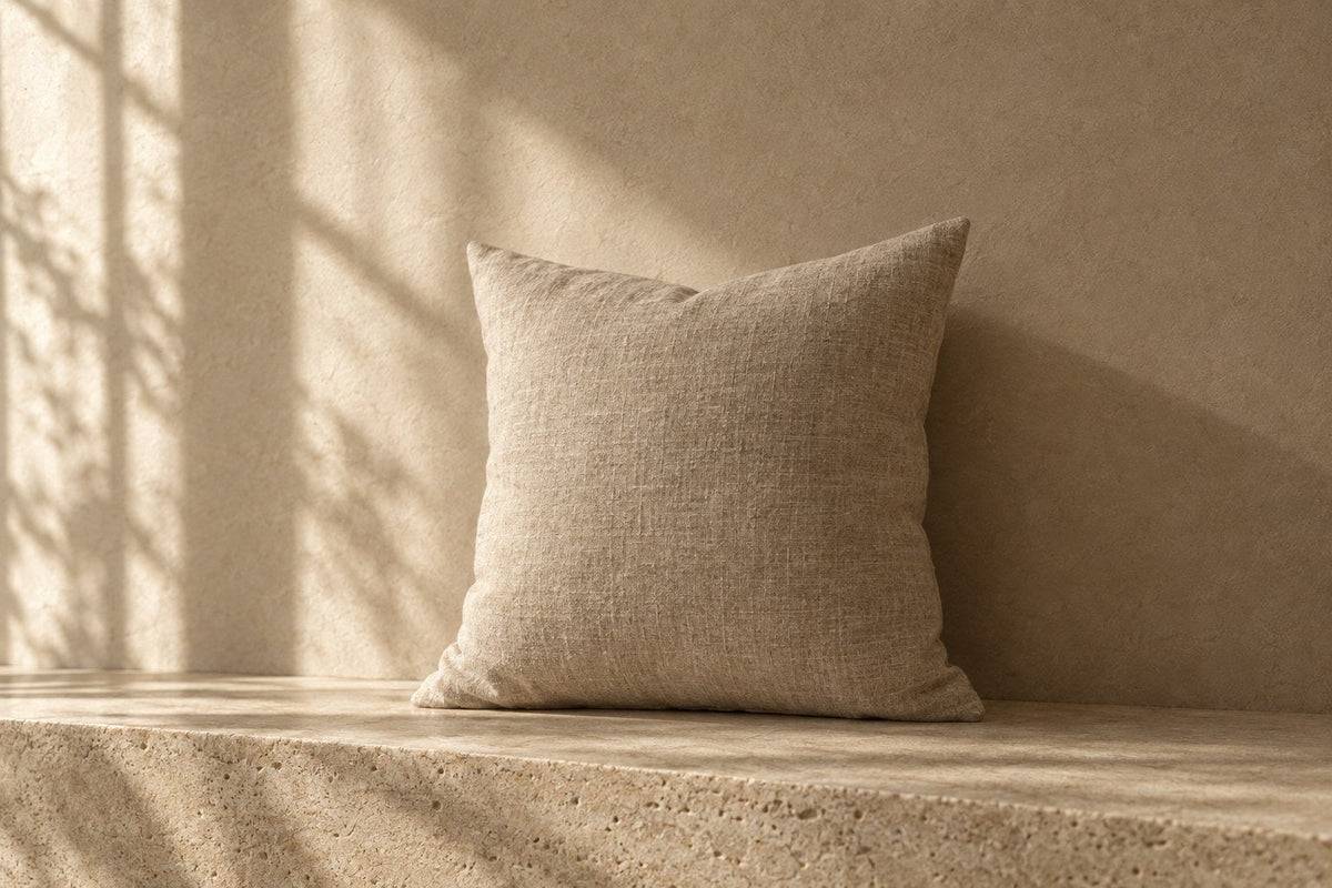 Ballard Linen Cushion in soft daylight against warm plaster