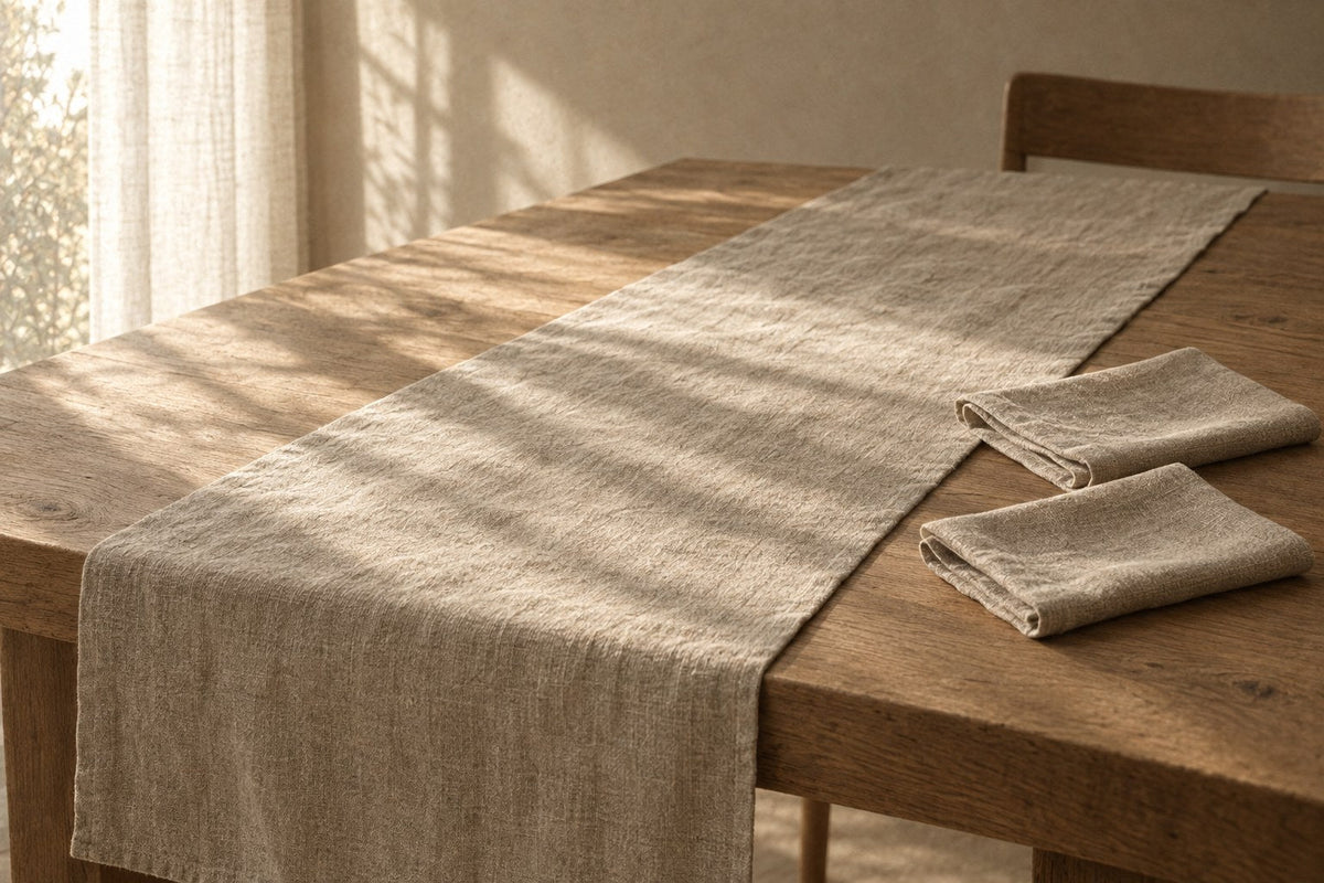 Vashon Linen Napkin Set in soft daylight against warm plaster