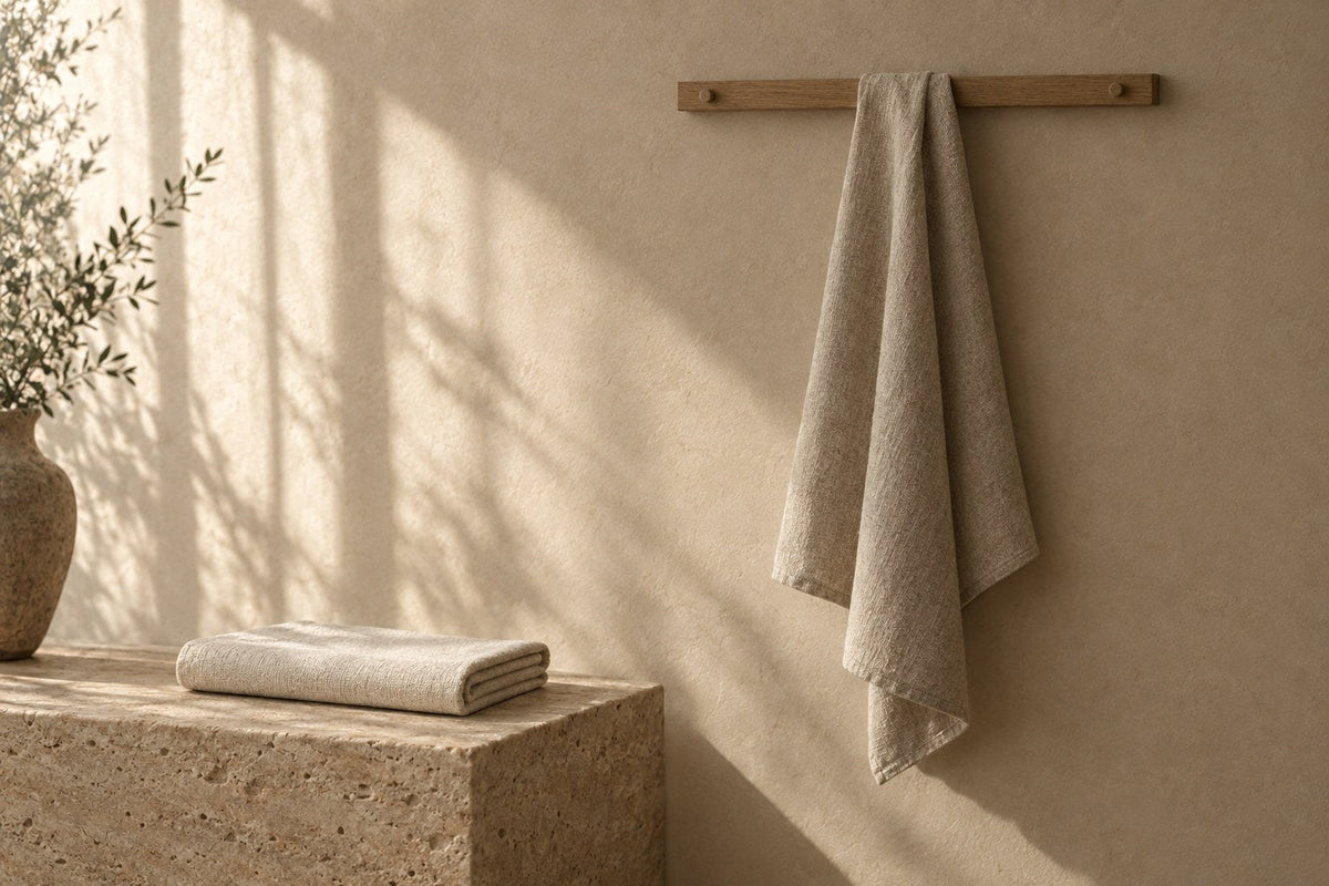 Ballard Tea Towel in soft daylight against warm plaster